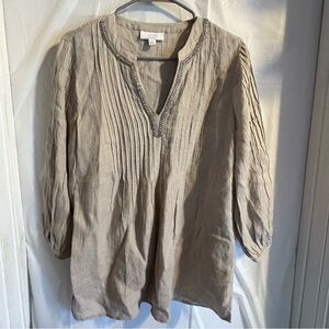 Charter Club Linen Luxury Top Women’s Sz Med Tan Rhinestones 3/4 Sleeves Capsule